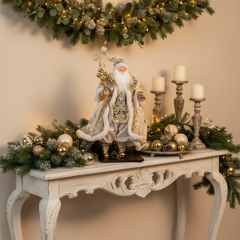 FIORI DI LENA Babbo Natale su Base in Legno con Abito Avorio e Dorato 46cm