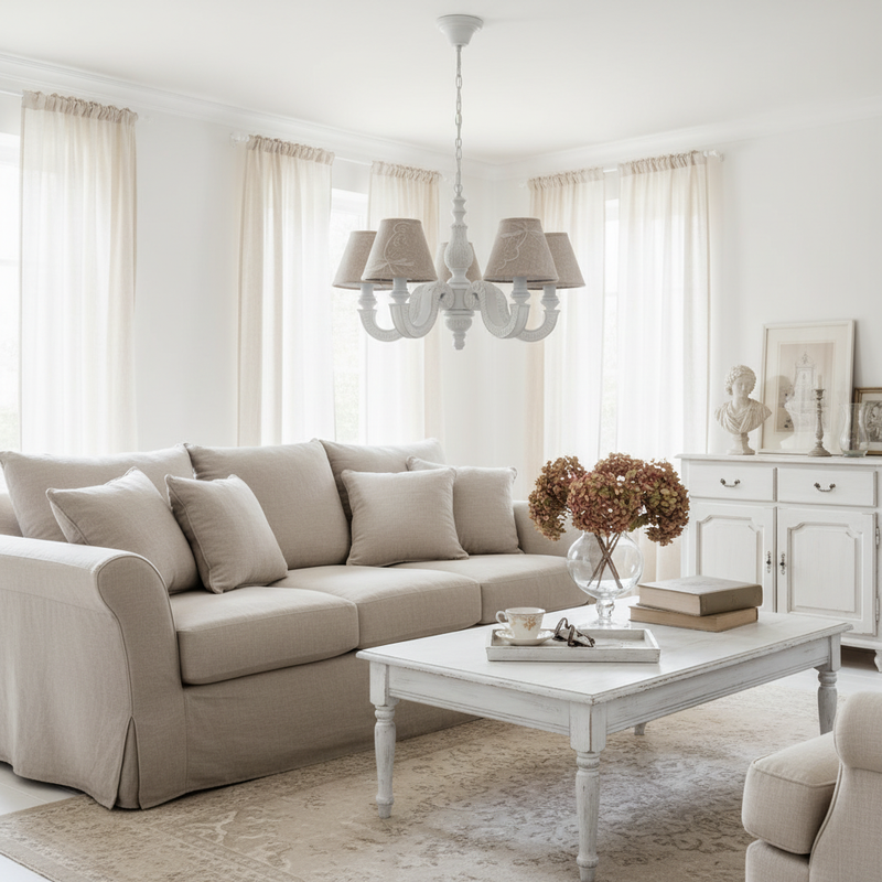 Lampadario Elsa 5 luci con bracci curvi in legno bianco in soggiorno provenzale romantico
Coccole di Casa – Sweet Home Shabby Style
Ambientazione soggiorno, vista d'insieme