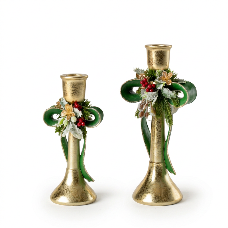 FIORI DI LENA Candeliere Natalizio Dorato in Resina con Fiocco Verde 20 o 26 cm