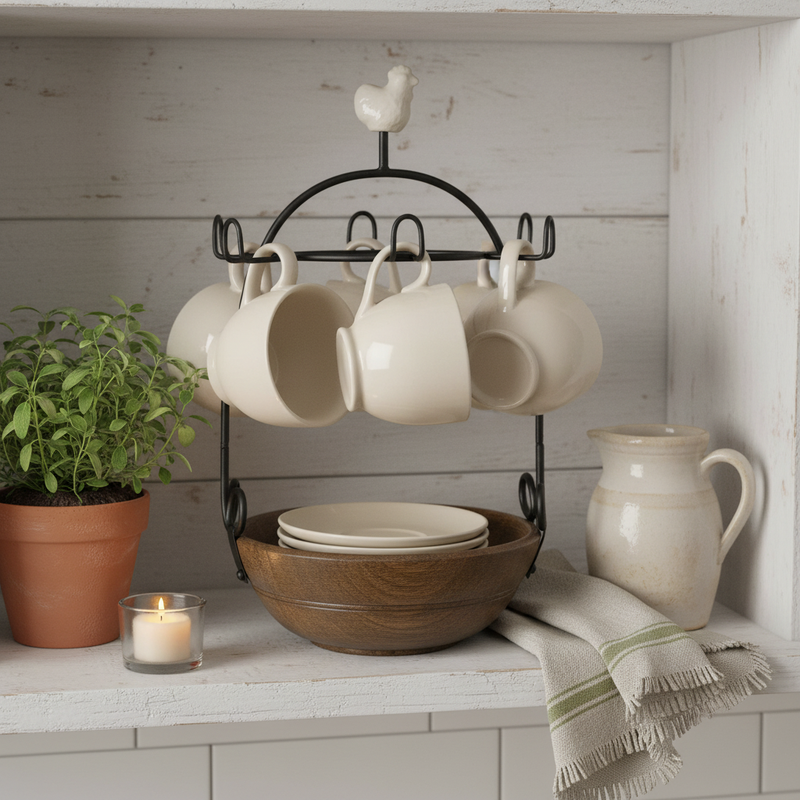 CLAYRE & EEF Servizio 6 Tazze con Piattino e Supporto in Legno