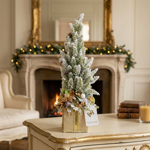 Alberello natalizio innevato su pacco regalo dorato con composizione bianca e oro
Fiori di Lena
Ambientazione classica su credenza avorio e oro con atmosfera natalizia ambrata, vista frontale