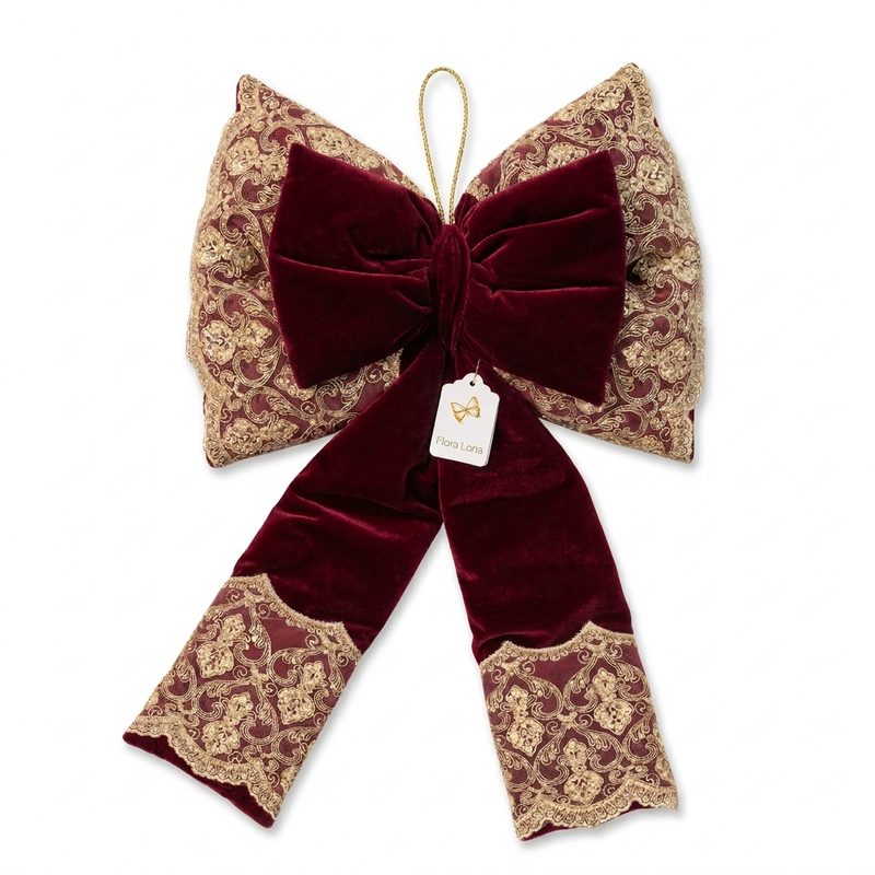 FIORI DI LENA Doppio Fiocco Natalizio Bordeaux con Pizzo Dorato 70 cm