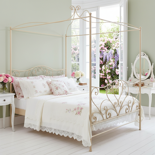 Testiera in ferro battuto con volute, arabeschi e motivo centrale a cuore
Blanc Mariclò – Sweet Home Shabby Style
Primo piano, dettaglio lavorazione artigianale
