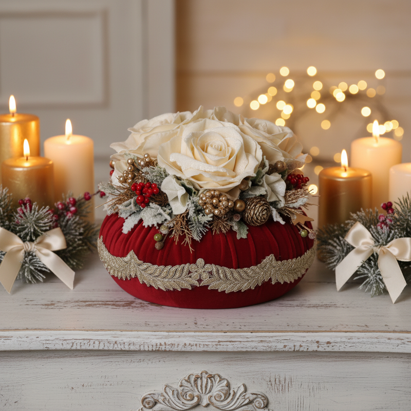 Pouf natalizio rosso tiziano con rose in velluto e pizzo italiano 28 cm artigianale Made in Italy Fiori di Lena