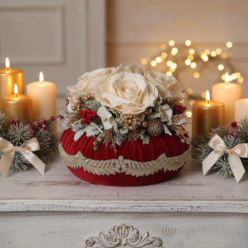 Pouf natalizio rosso tiziano con rose in velluto e pizzo italiano 28 cm artigianale Made in Italy Fiori di Lena