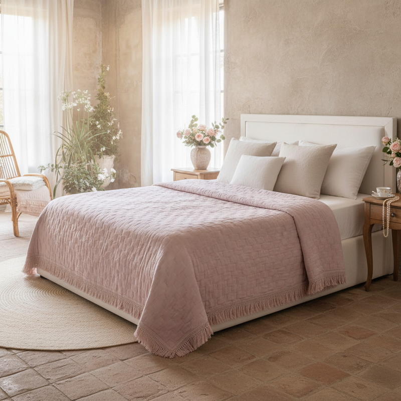 BLANC MARICLÒ Trapunta Matrimoniale con Frange 260 GSM "PETALI UNITI" Rosa
