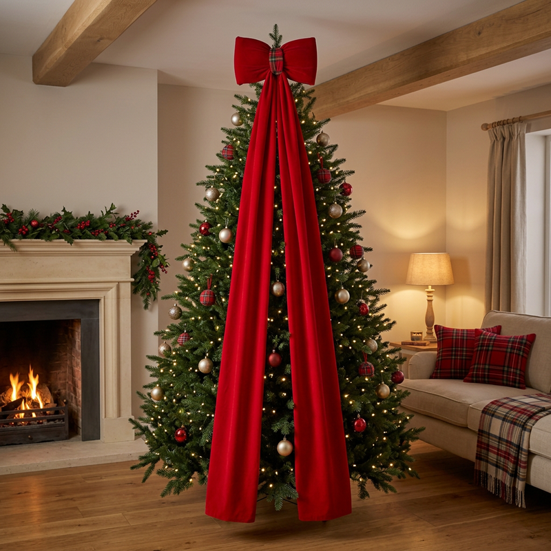 FIORI DI LENA Fiocco Natalizio in Velluto Rosso con Nodo Tartan 230 cm