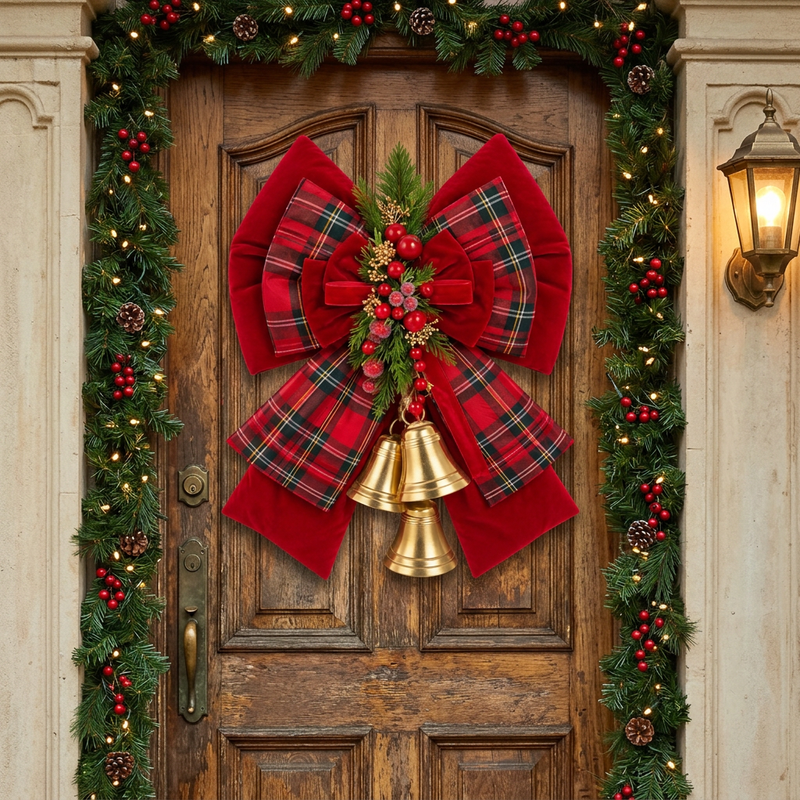 FIORI DI LENA Doppio Fiocco Natalizio Rosso e Tartan con Campane 48 cm