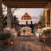 Paralume in alghe marine intrecciate su veranda provenzale con rose e lavanda
Blanc Mariclò – Sweet Home Shabby Style
Ambientazione veranda esterna, atmosfera estiva serale