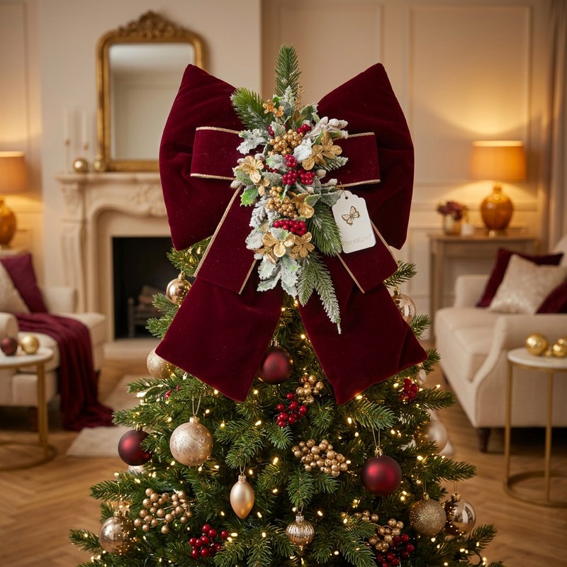 FIORI DI LENA Fiocco Bombato Bordeaux con Bacche e Decori Dorati 45 cm