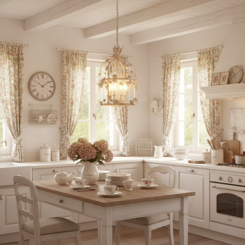 Lampadario Vissi d'Arte acceso in ambiente soggiorno shabby chic provenzale
Blanc Mariclò – Sweet Home Shabby Style
Ambientazione, vista d'insieme con luce accesa