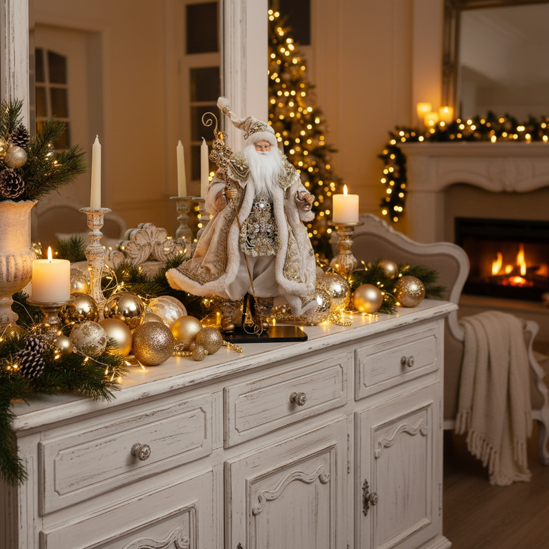 FIORI DI LENA Babbo Natale su Base in Legno con Abito Avorio e Dorato 46cm