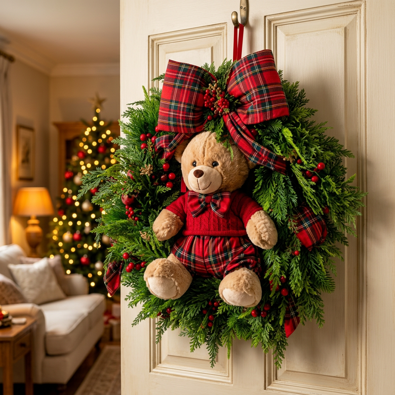FIORI DI LENA Ghirlanda Natalizia con Teddy e Fiocco Tartan Ø 80 cm