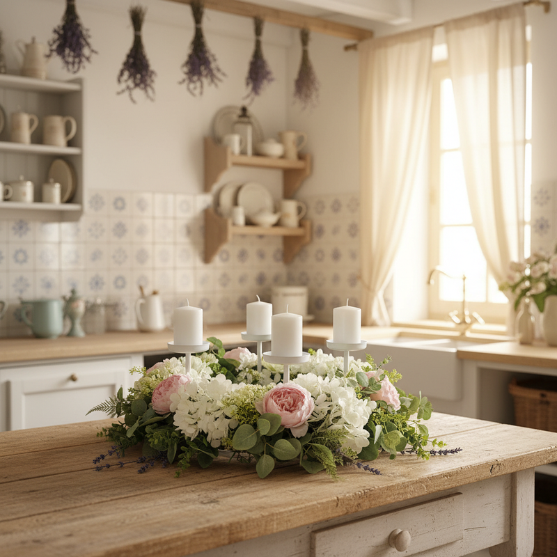 FIORI DI LENA Candeliere Centrotavola 4 Fiamme con Peonie e Decorazioni Floreali