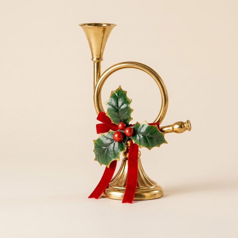 FIORI DI LENA Candeliere Corno Dorato con Agrifoglio 22,5 o 28 cm
