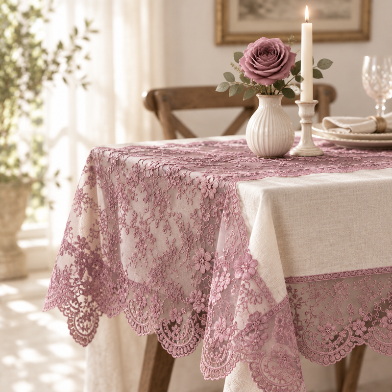 FIORI DI LENA Tovaglia in Lino Avorio e Pizzo Rosa con Tramezzo