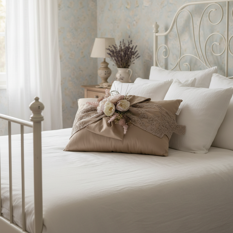 FIORI DI LENA Cuscino Rettangolare con Fiocco e Pizzo