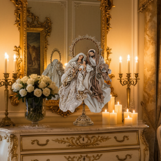 Natività Fiori di Lena in resina avorio e dorata – composizione decorativa shabby chic