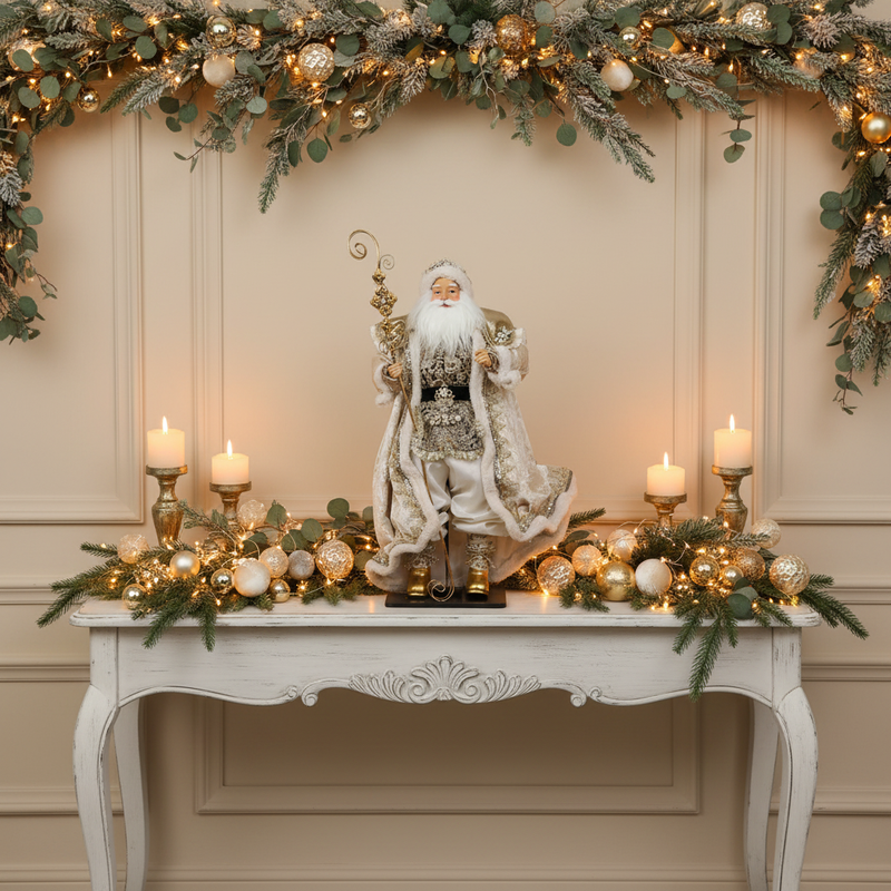 FIORI DI LENA Babbo Natale su Base in Legno con Abito Avorio e Dorato 64cm