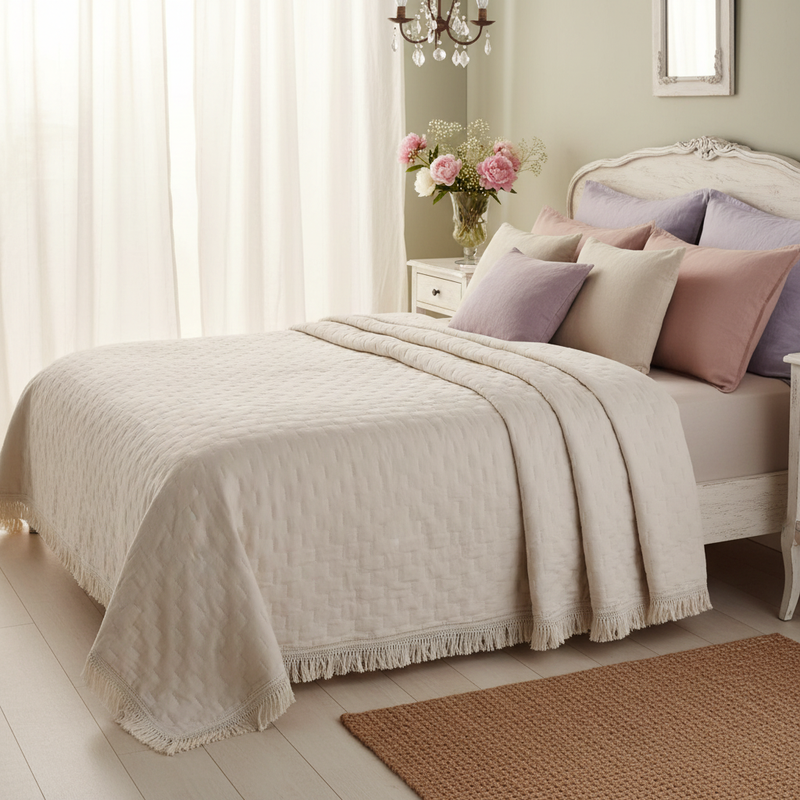BLANC MARICLÒ Trapunta Una Piazza e Mezza con Frange 260 GSM "PETALI UNITI" Naturale
