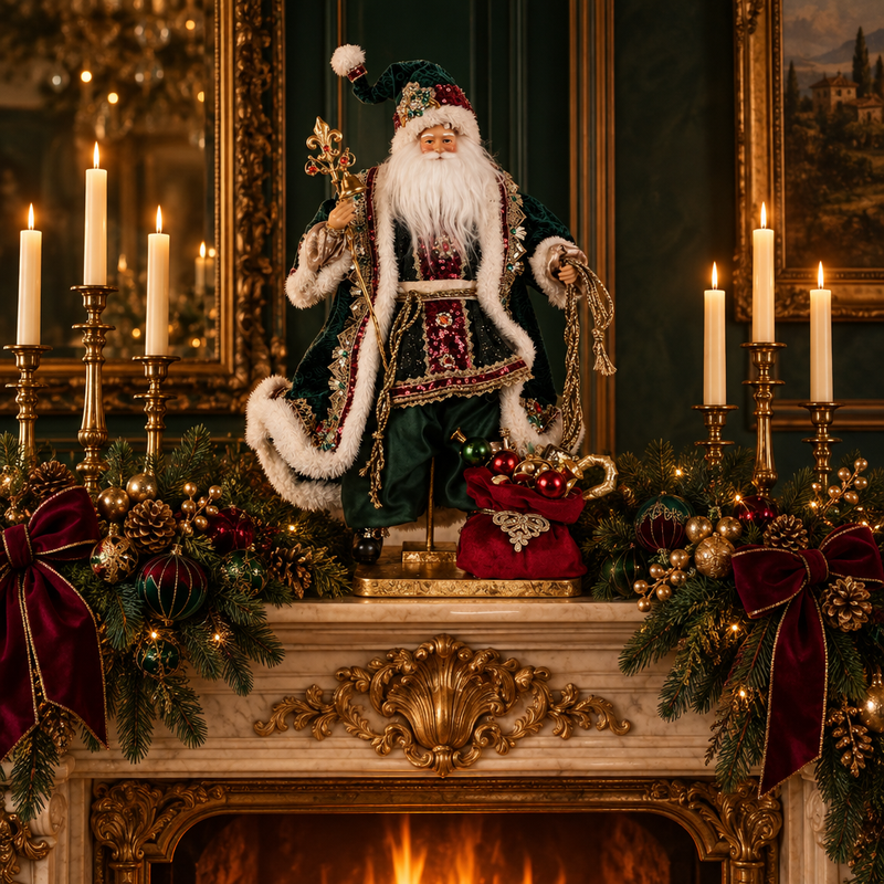 FIORI DI LENA Babbo Natale Edizione Limitata su Base in Legno con Abito Verde e Sacco Doni