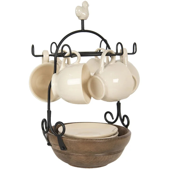 CLAYRE & EEF Servizio 6 Tazze con Piattino e Supporto in Legno