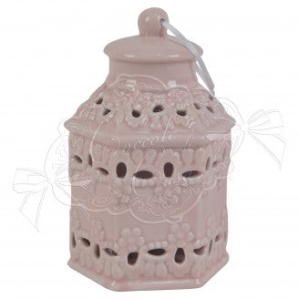 COCCOLE DI CASA Lanternina Con Led In Ceramica Malva 9x9x15 Cm-Linea FLower