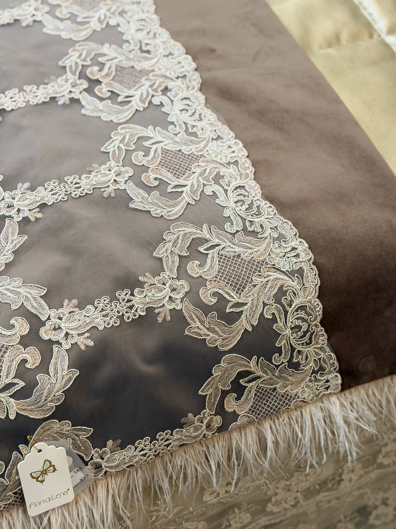 FIORI DI LENA Scaldotto in Velluto Terra con Pizzo e Piume