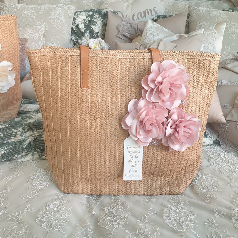 FIORI DI LENA Borsa in Paglia con Fiori in Seta e Applicazioni Gioiello