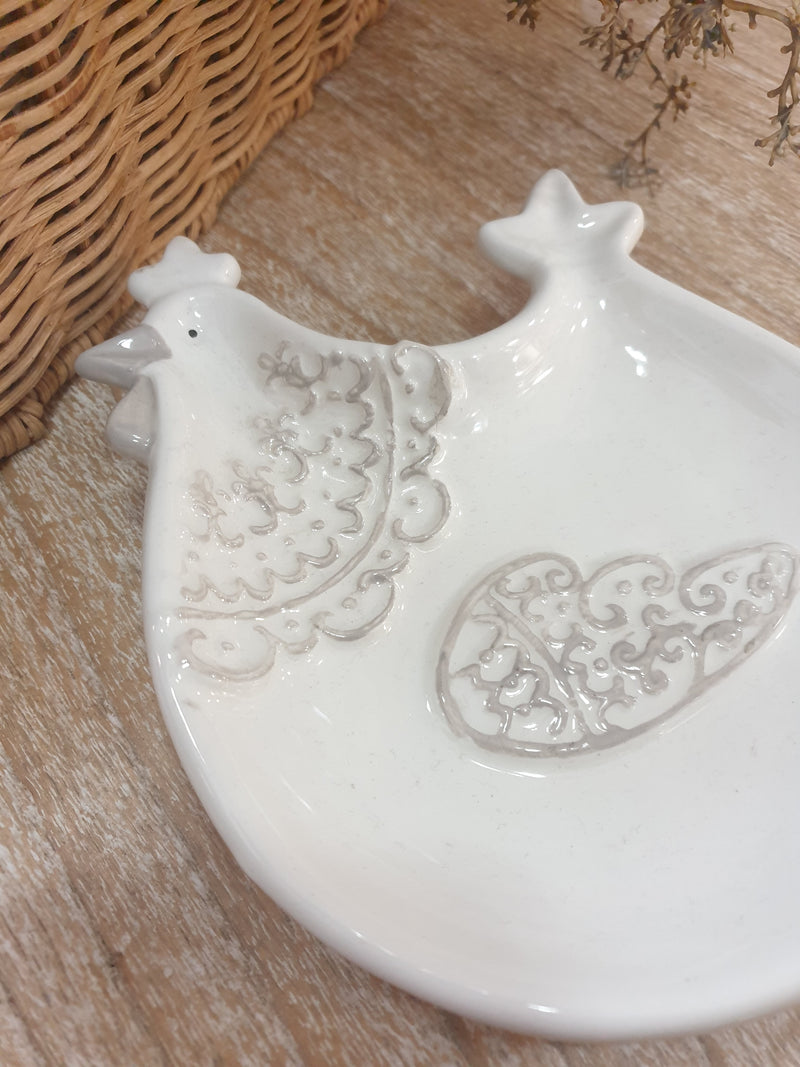 Piattino Gallina Porta Cioccolatini in Ceramica Bianca e Decori Tortora