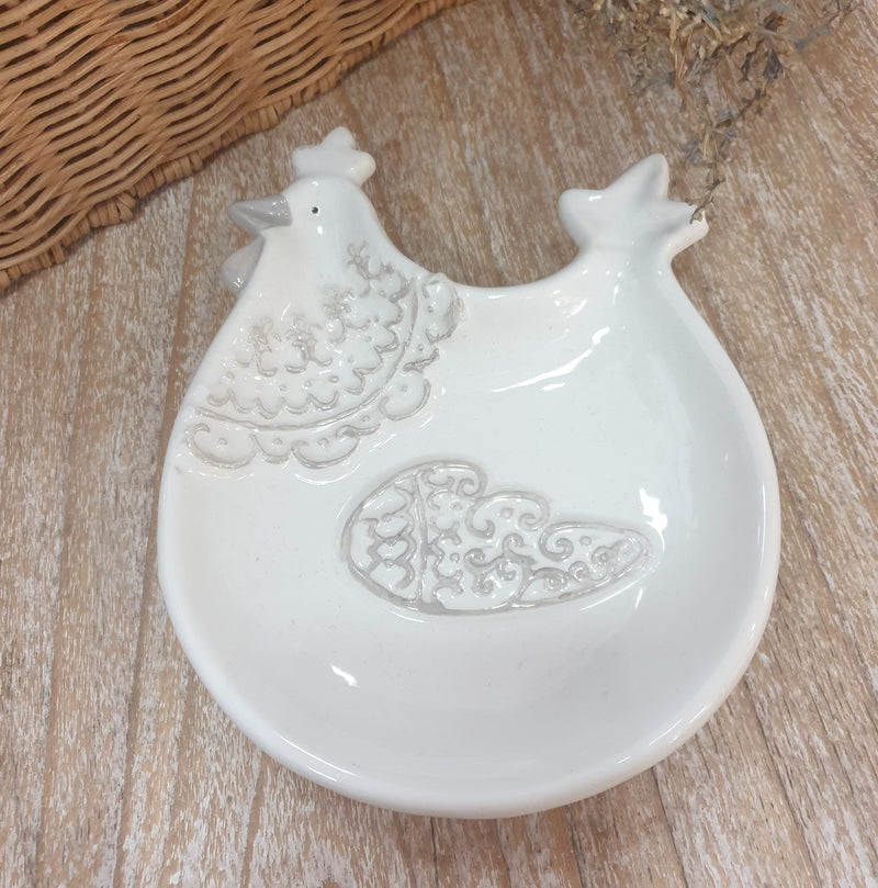 Piattino Gallina Porta Cioccolatini in Ceramica Bianca e Decori Tortora