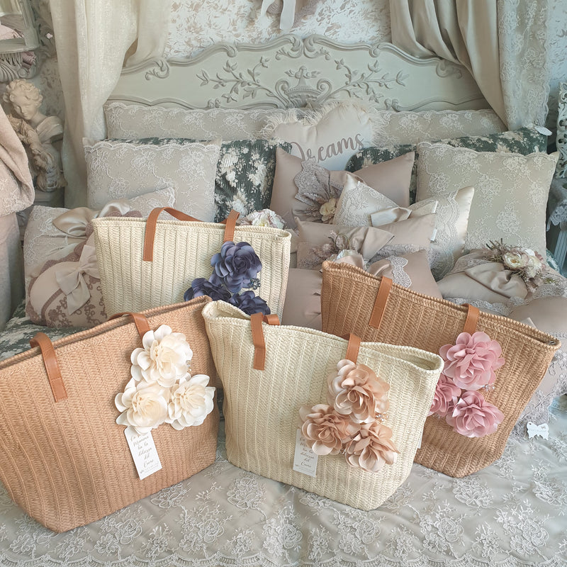 FIORI DI LENA Borsa in Paglia con Fiori in Seta e Applicazioni Gioiello