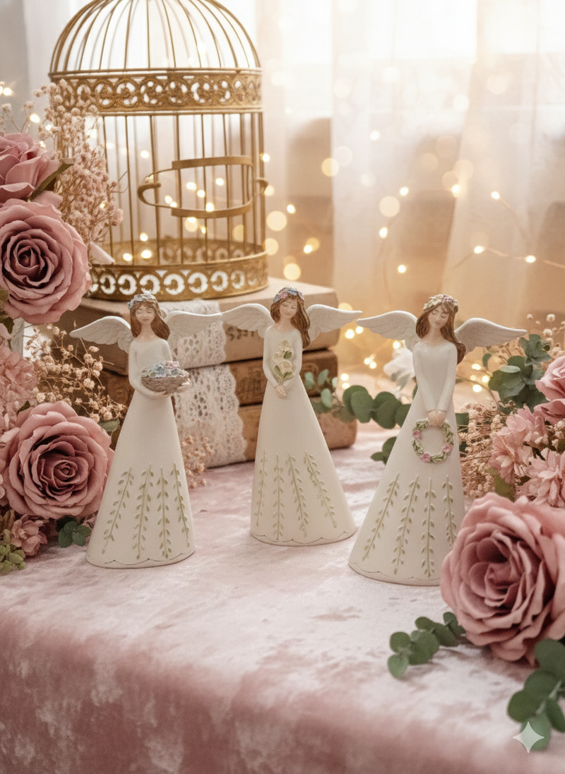 NUVOLE DI STOFFA Angelo in Resina con Vestito Floreale Shabby Chic