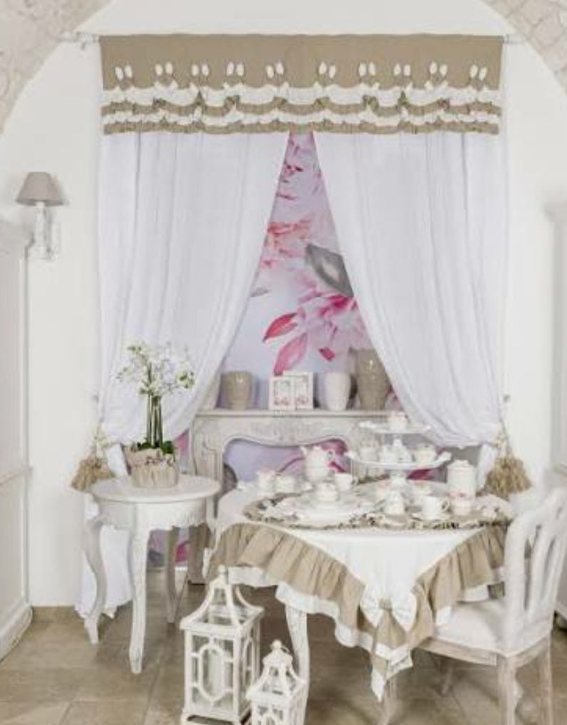 COCCOLE DI CASA Set di Due Tende con Mantovana e Embrasse Bianco e Tortora
