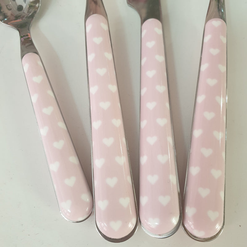 NEVA POSATERIA Set da 24 Posate Rosa con Cuori Bianchi Shabbychic