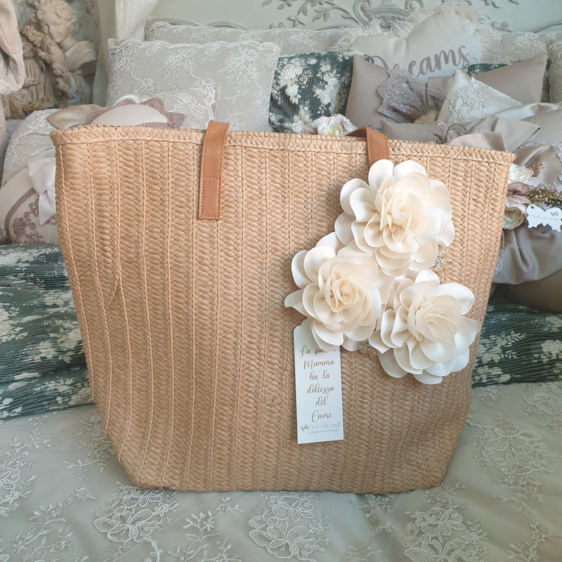 FIORI DI LENA Borsa in Paglia con Fiori in Seta e Applicazioni Gioiello