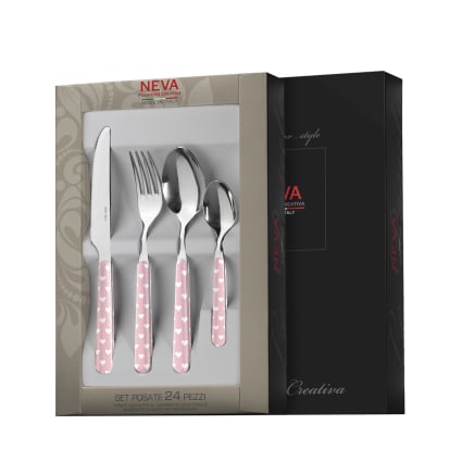 NEVA POSATERIA Set da 24 Posate Rosa con Cuori Bianchi Shabbychic