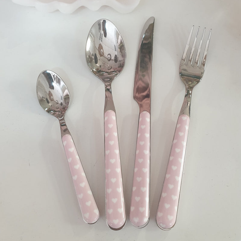 NEVA POSATERIA Set da 24 Posate Rosa con Cuori Bianchi Shabbychic