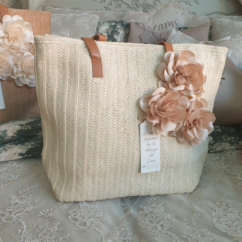 FIORI DI LENA Borsa in Paglia con Fiori in Seta e Applicazioni Gioiello