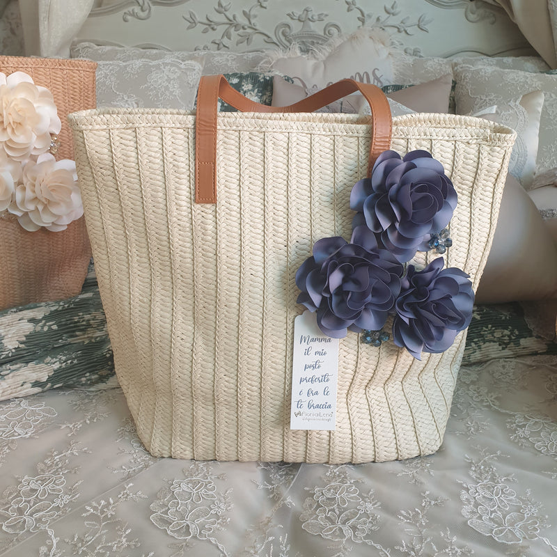 FIORI DI LENA Borsa in Paglia con Fiori in Seta e Applicazioni Gioiello