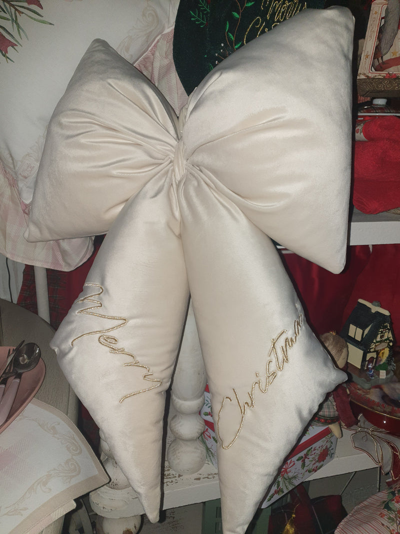 CLODETTE Fiocco Natalizio in Velluto con Scritta Ricamata "MERRY CHRISTMAS" Panna