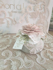 Dettaglio farfalla in pizzo e rosa Capodimonte cipria su pouf verde salvia
FIORI DI LENA
dettaglio artigianale