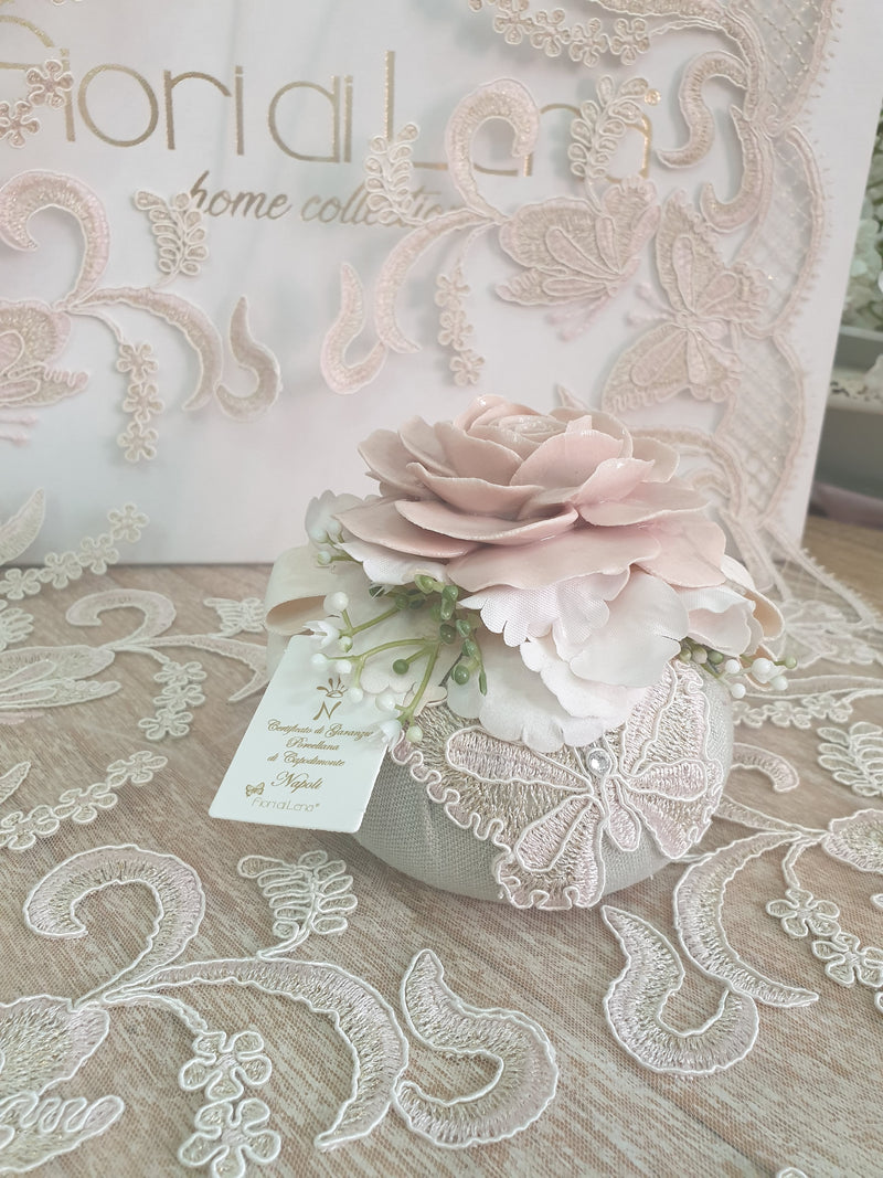 Dettaglio farfalla in pizzo e rosa Capodimonte cipria su pouf verde salvia
FIORI DI LENA
dettaglio artigianale