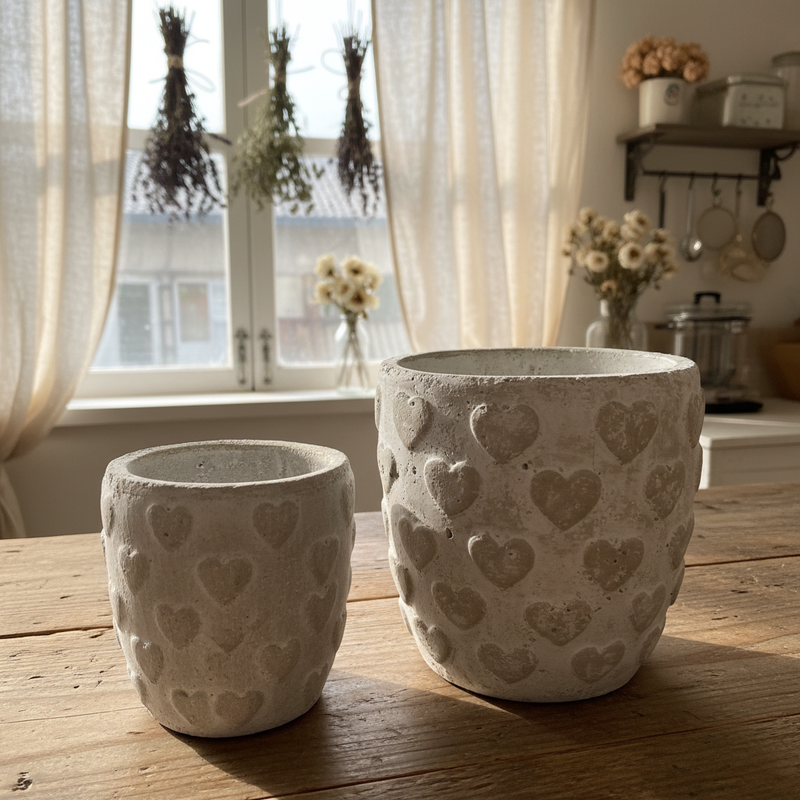 Vasi cemento cuori ambientati