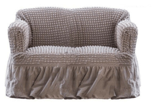 Blanc Mariclo 2-seater stretch sofa cover with taupe ruffles