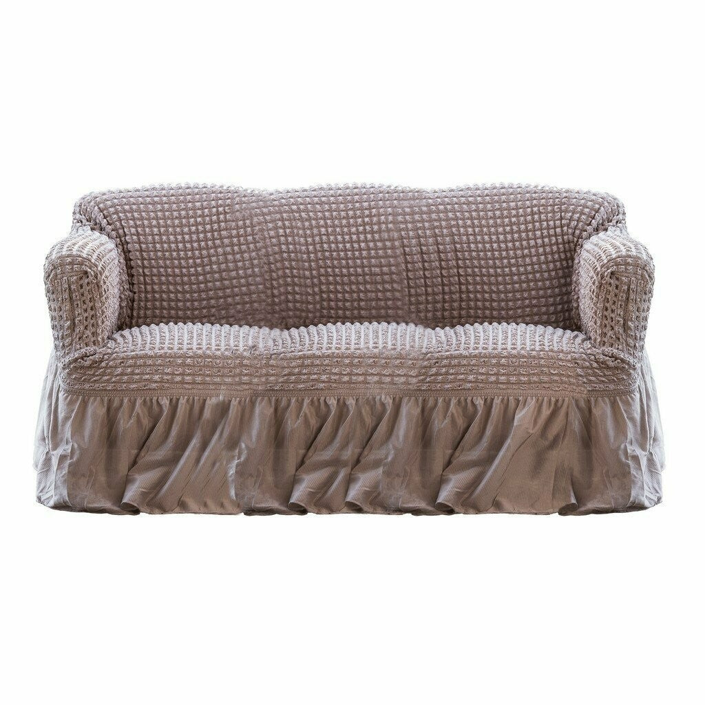Blanc Mariclo 3-seater stretch sofa cover with taupe ruffles