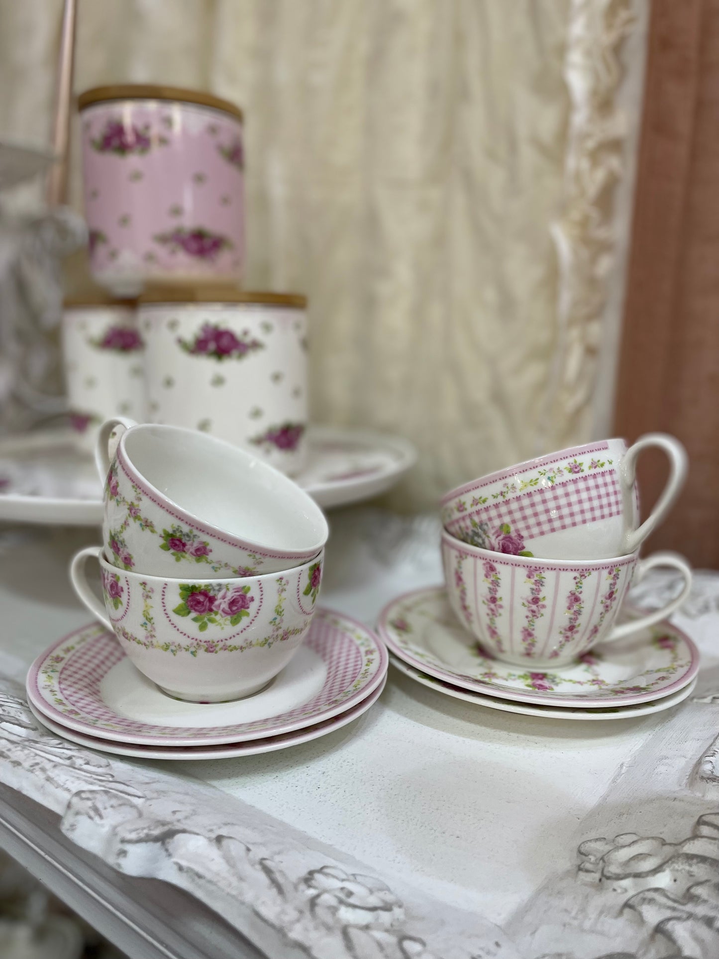 Set of 4 cups with saucer "Rose del borgo" Blanc Mariclò
