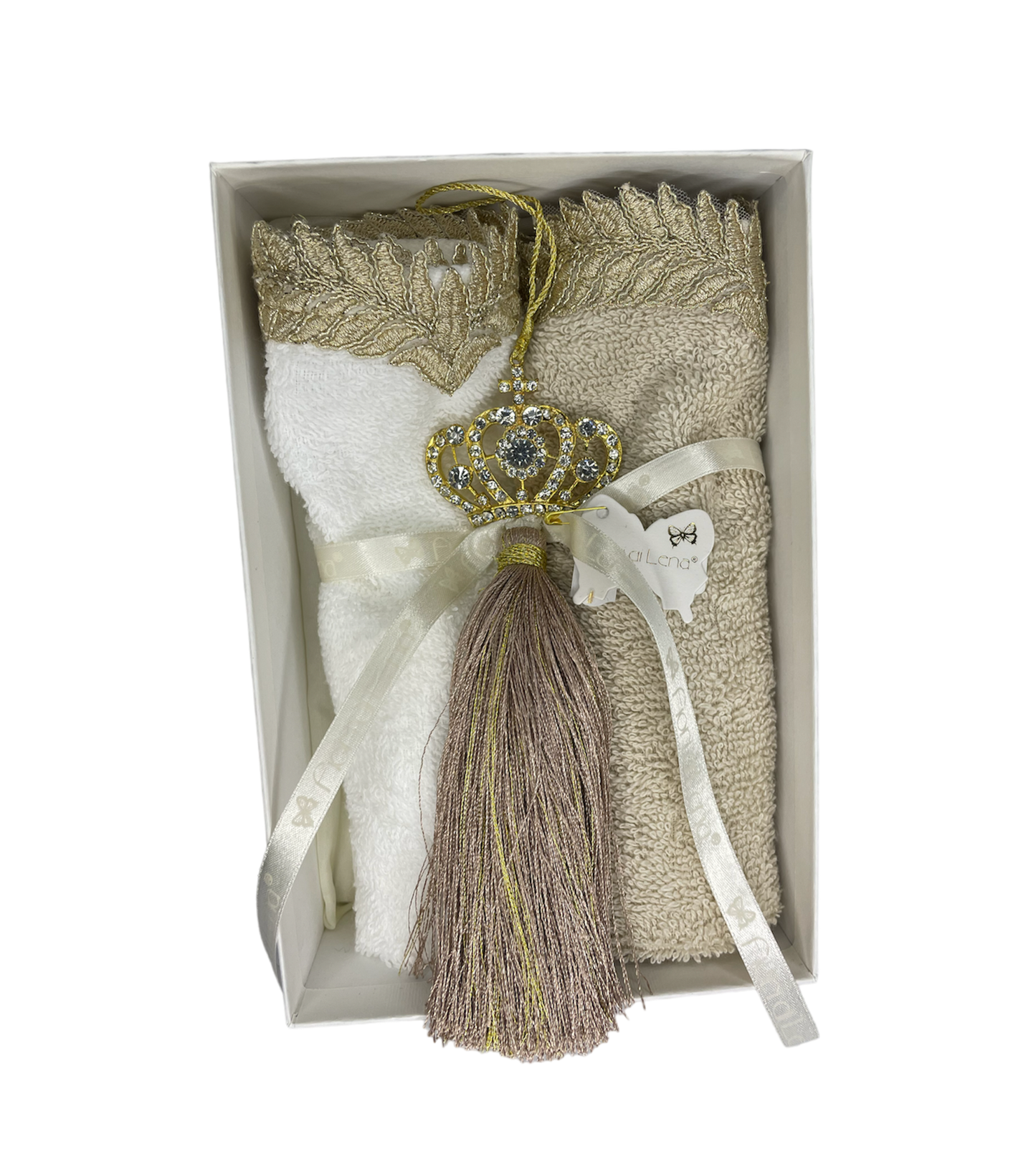Box with 2 washcloths and tassel crown Fiori di Lena